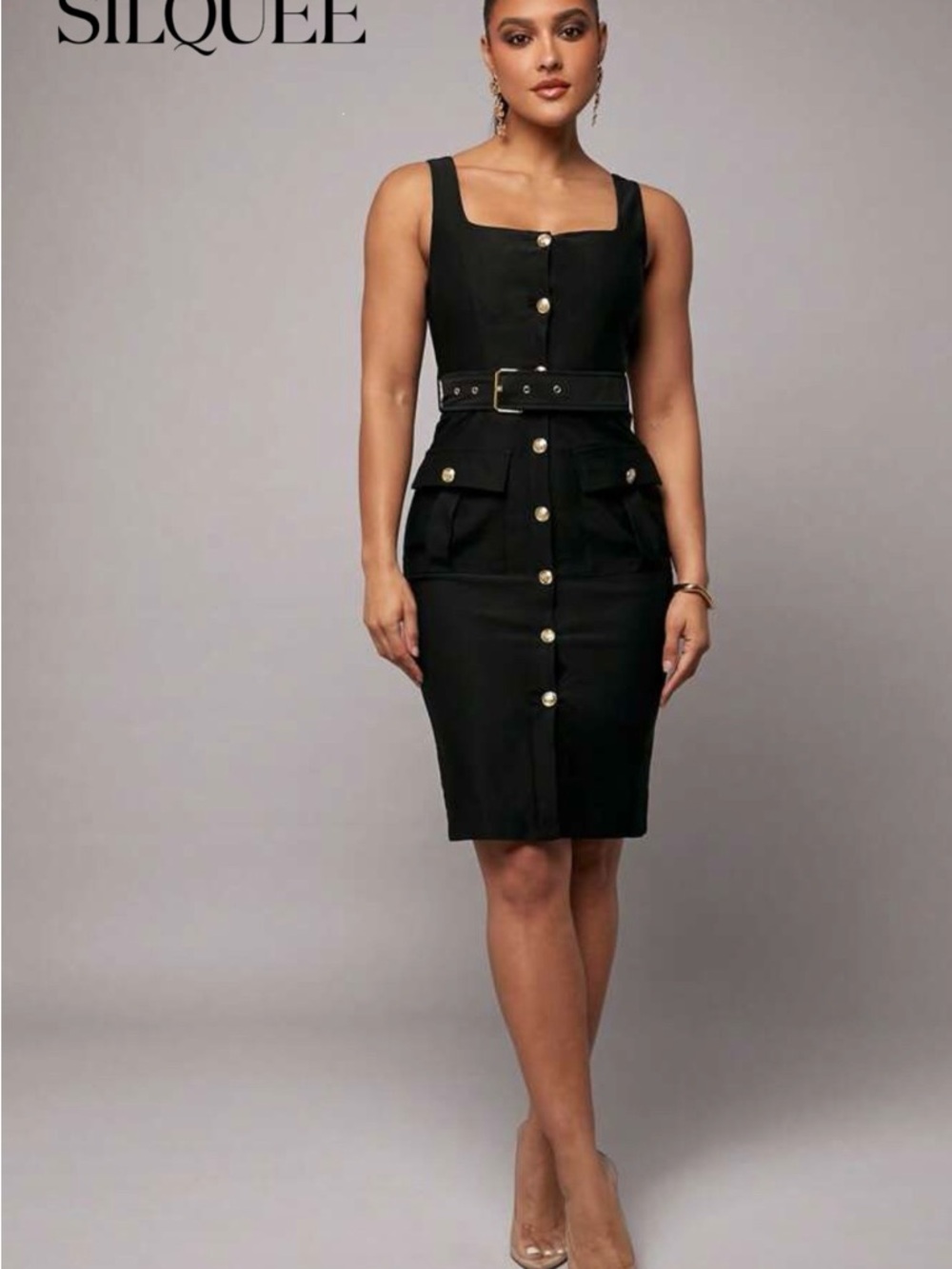 SILQUE Black Button-Front Belted Sheath Dress- Worn Once